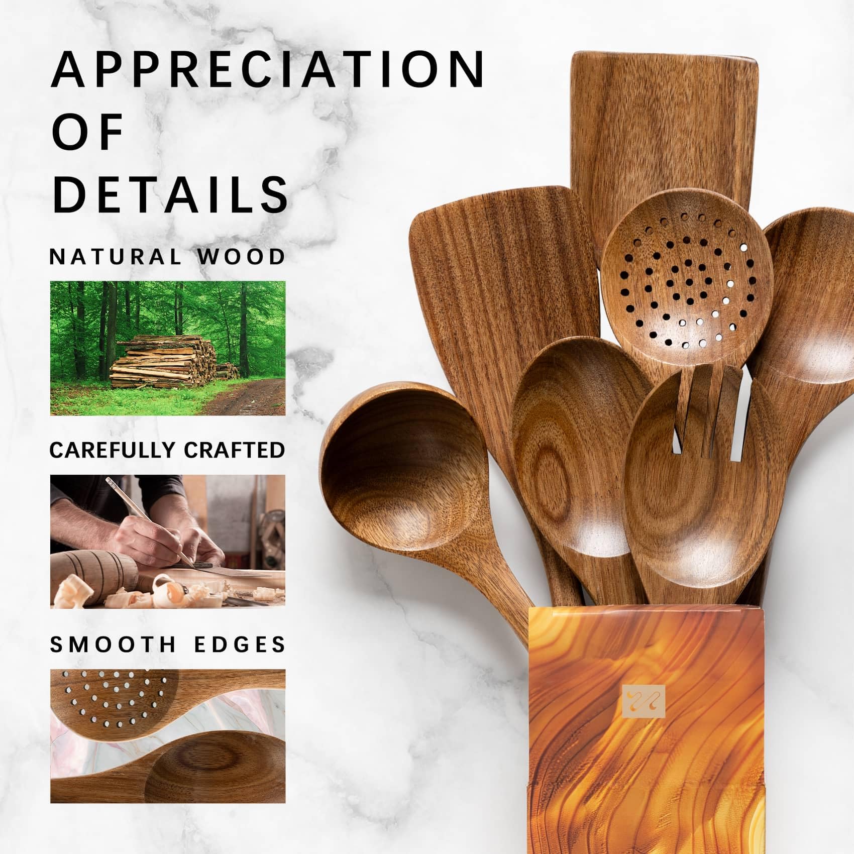 Hefild utensilios cocina madera acacia, diseño estético para encimera.