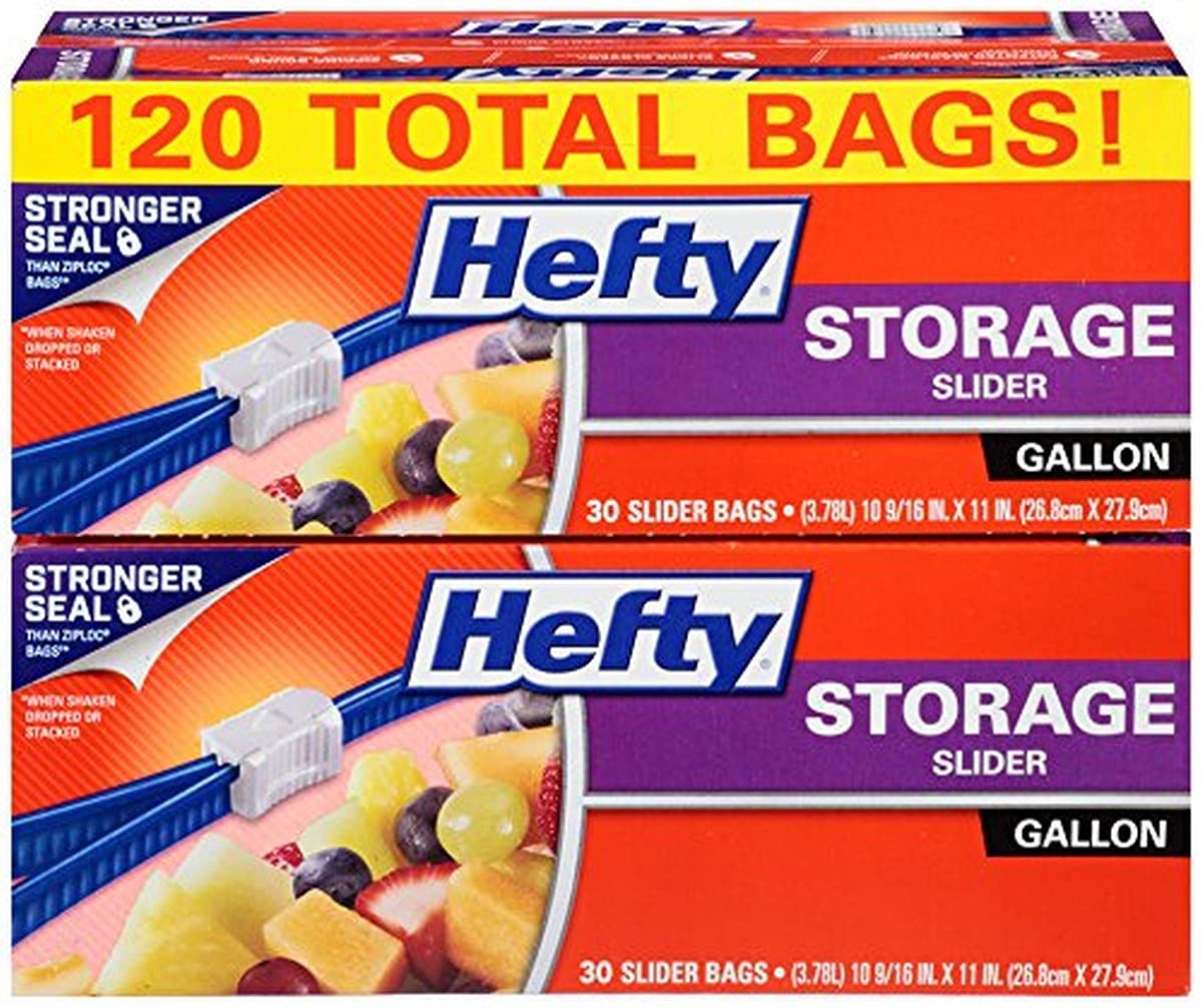 Paquete de 120 bolsas galón Hefty Slider para almacenamiento seguro y organizado.