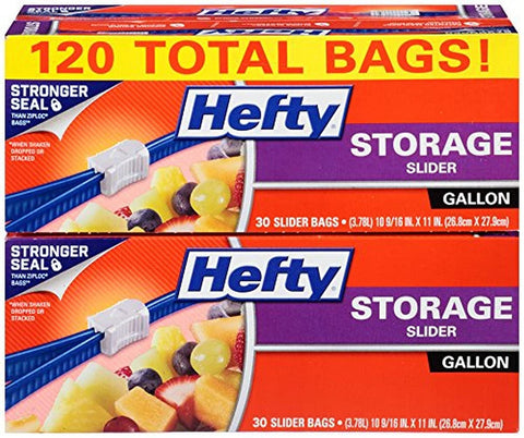 Paquete de 120 bolsas galón Hefty Slider para almacenamiento seguro y organizado.