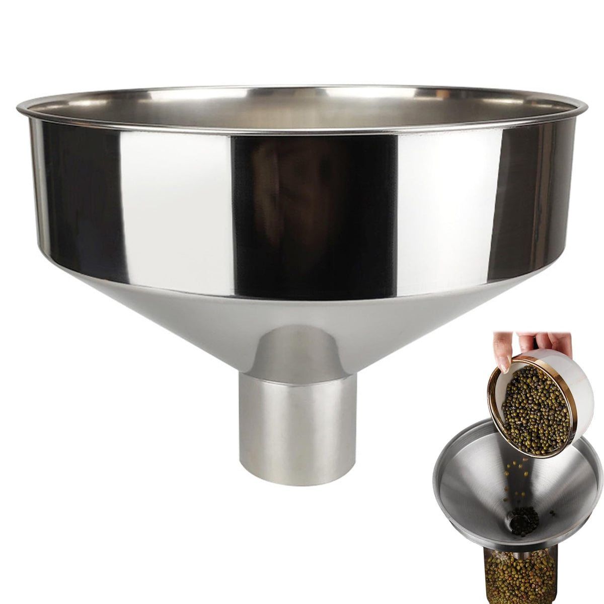 Embudo grande Heidouse de acero inoxidable con acabado pulido, ideal para transferencias grandes.