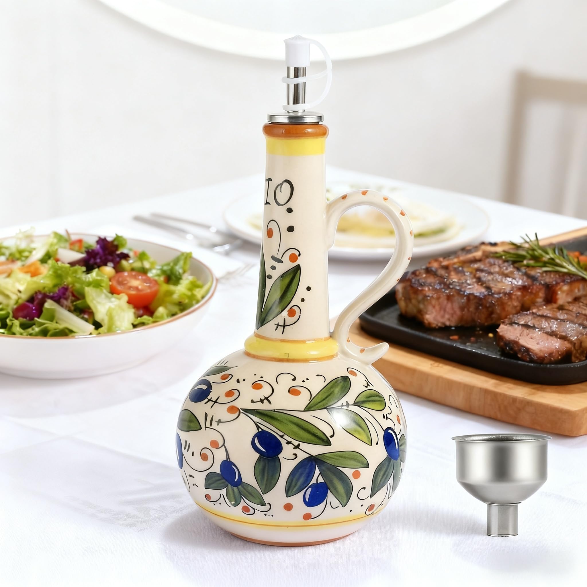 Botella HeiheiTom para aceite de oliva en cerámica, diseño decorativo y práctico.