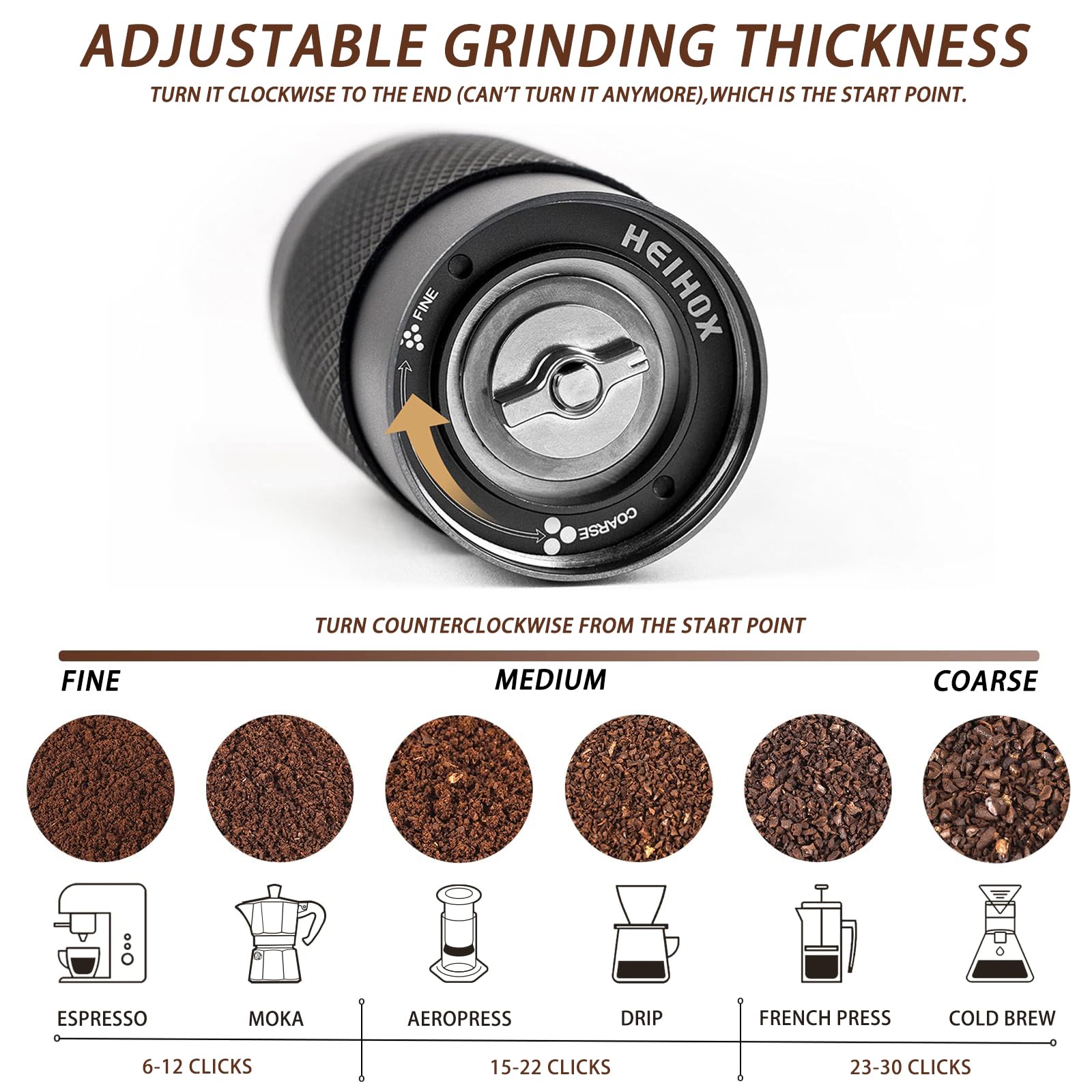 HEIHOX molinillo manual con muelas cónicas de acero para espresso perfecto