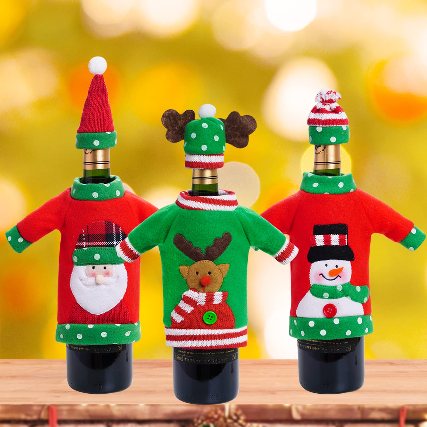 Heliltd sombrero de Papá Noel sobre botella; toque navideño para la cena.