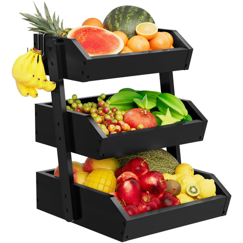 Hellojin canasta de bambú tres niveles, vista frontal, gran capacidad para frutas.