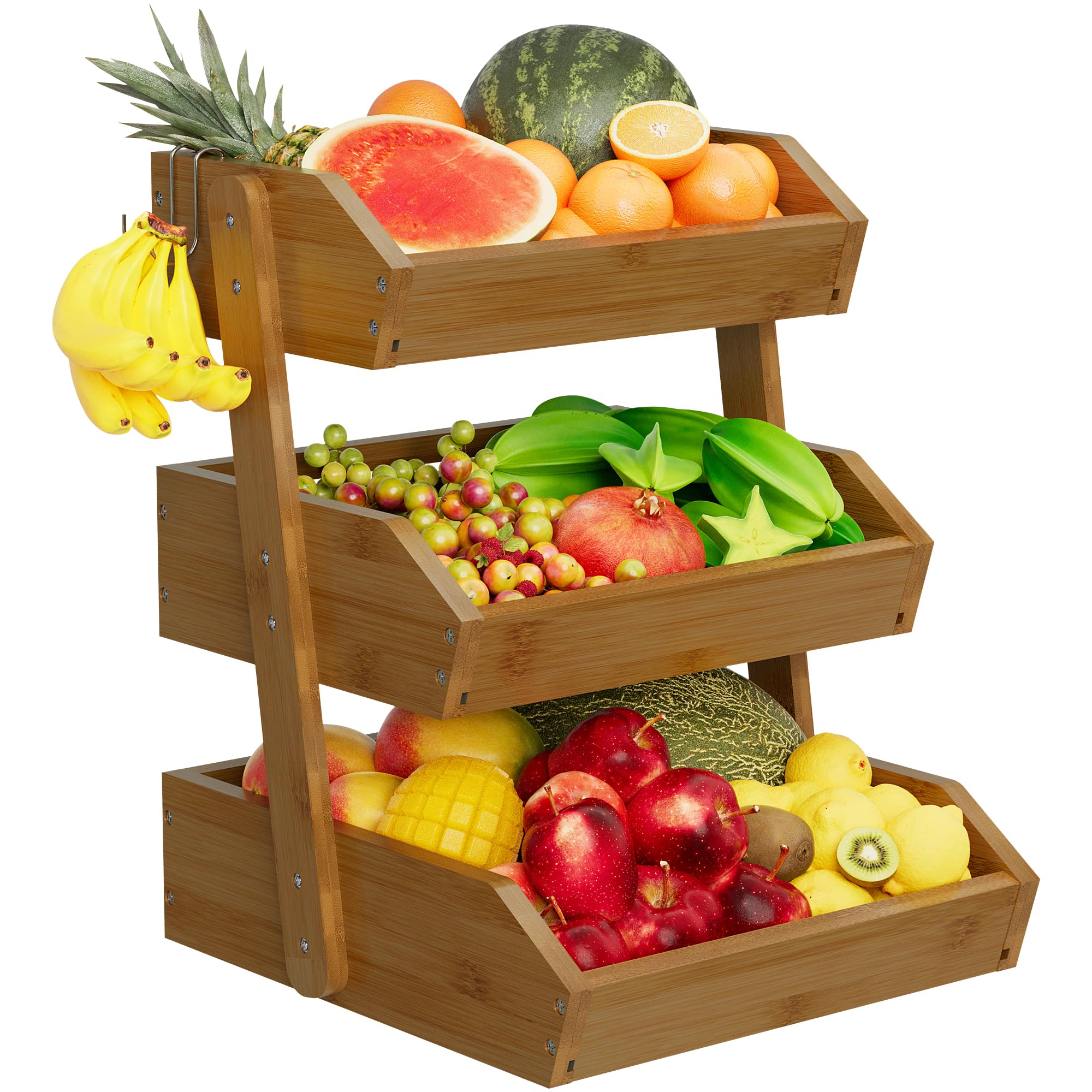 Hellojin cesta de fruta de tres niveles en nogal, diseño ventilado para mantener las frutas frescas.