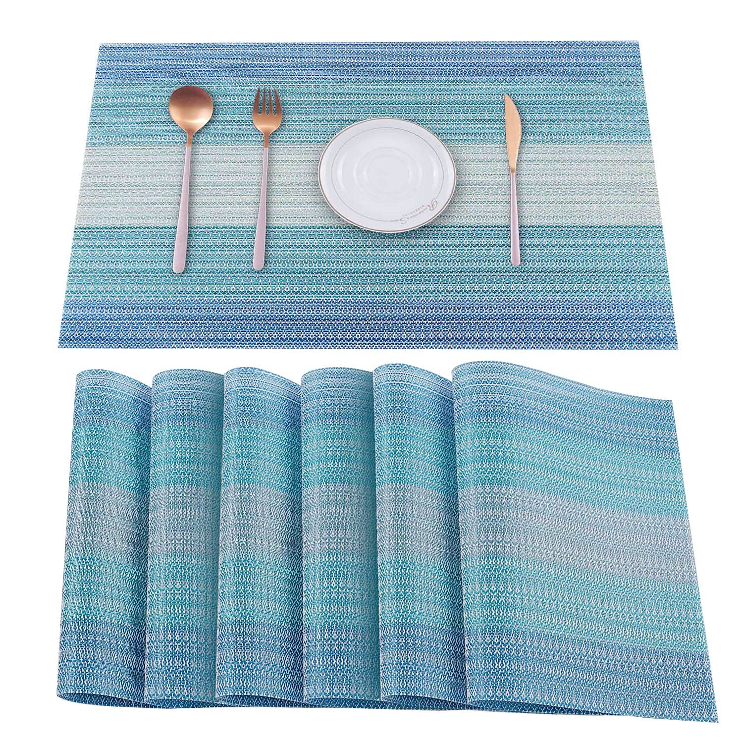 Manteles individuales HeloHo azules, juego de 6 para mesa limpia y elegante.