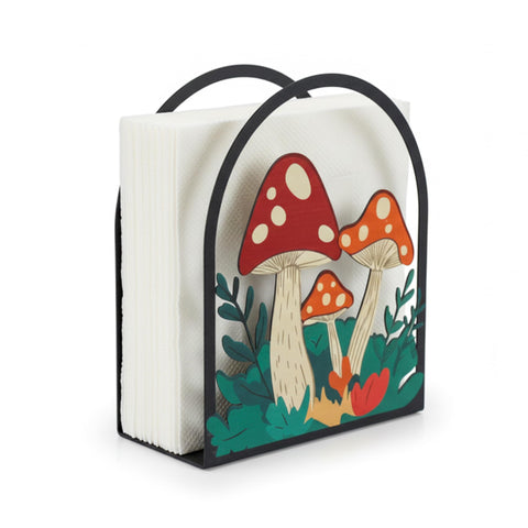 Helucidy hongo porta-napkins en mesa, orden y estilo para la comida.