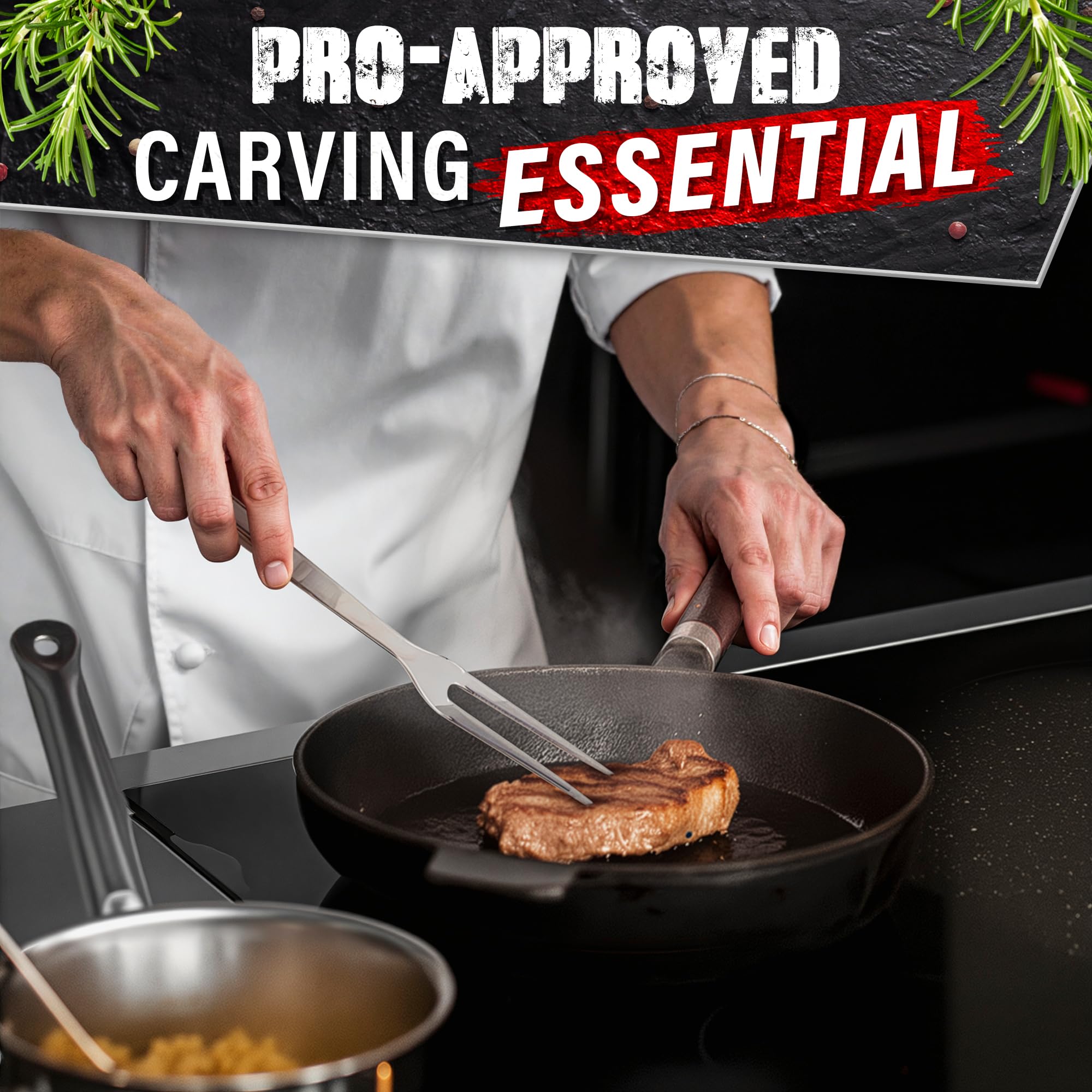 HELVETIOS tenedor para carne, diseño seguro para manipular cortes gruesos.