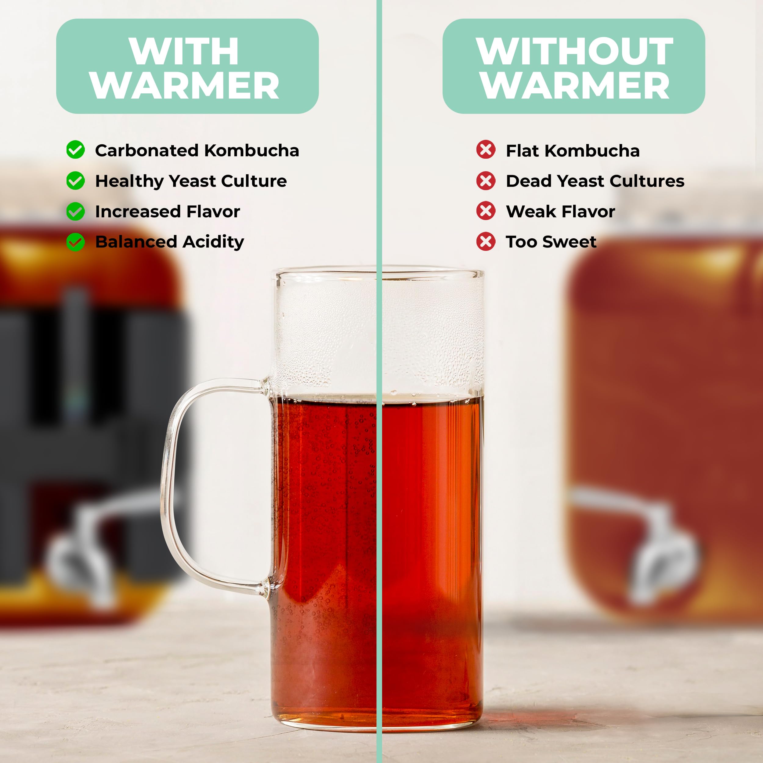 Hemlock manta calefactor rodea un frasco de kombucha para fermentación segura.