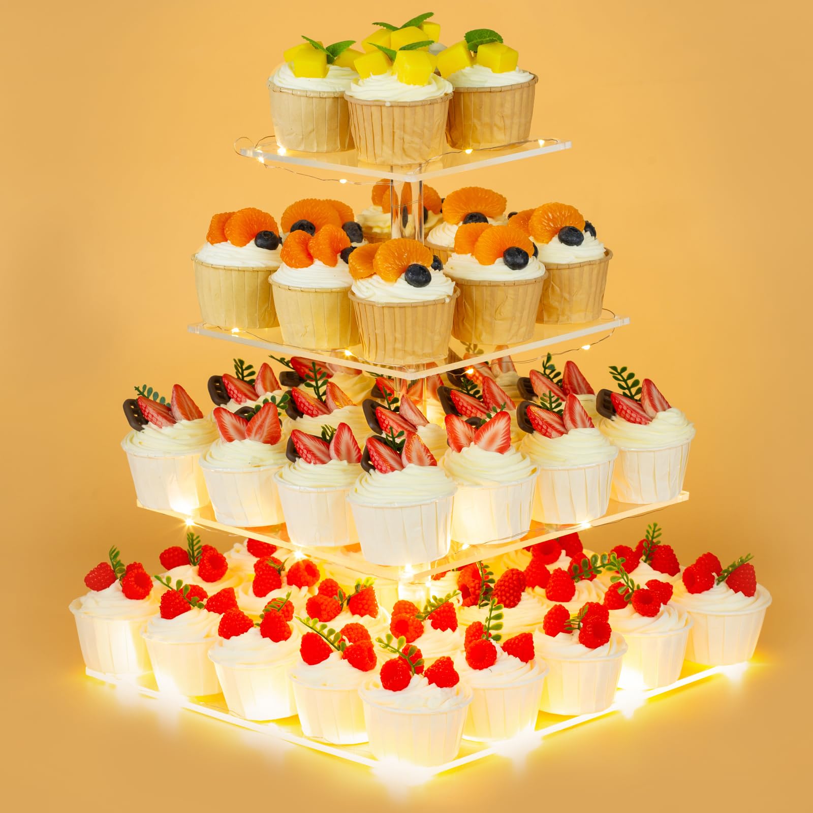 HENABLE torre de cupcakes 4 niveles, acrílico transparente con iluminación LED amarilla para exhibición