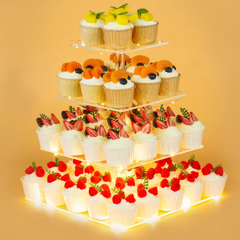 HENABLE torre de cupcakes 4 niveles, acrílico transparente con iluminación LED amarilla para exhibición