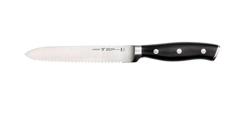 Cuchillo utilitario Henckels Forjado Acento con hoja serrada para tomate, precisión en rebanadas finas.