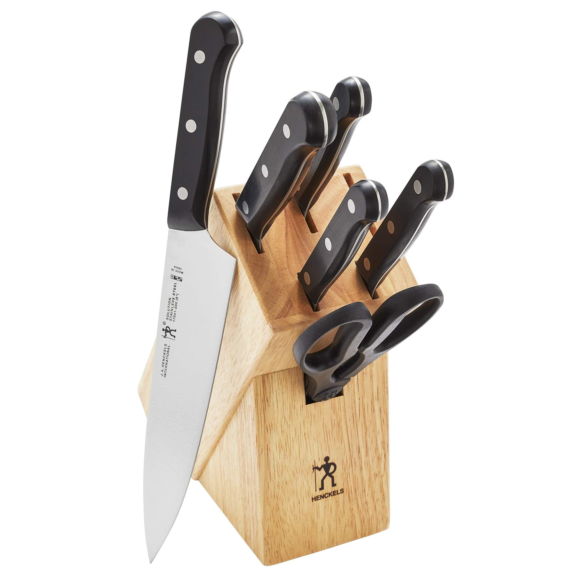 Cuchillos HENCKELS Solución de afilado preciso en bloque de madera para almacenamiento seguro.