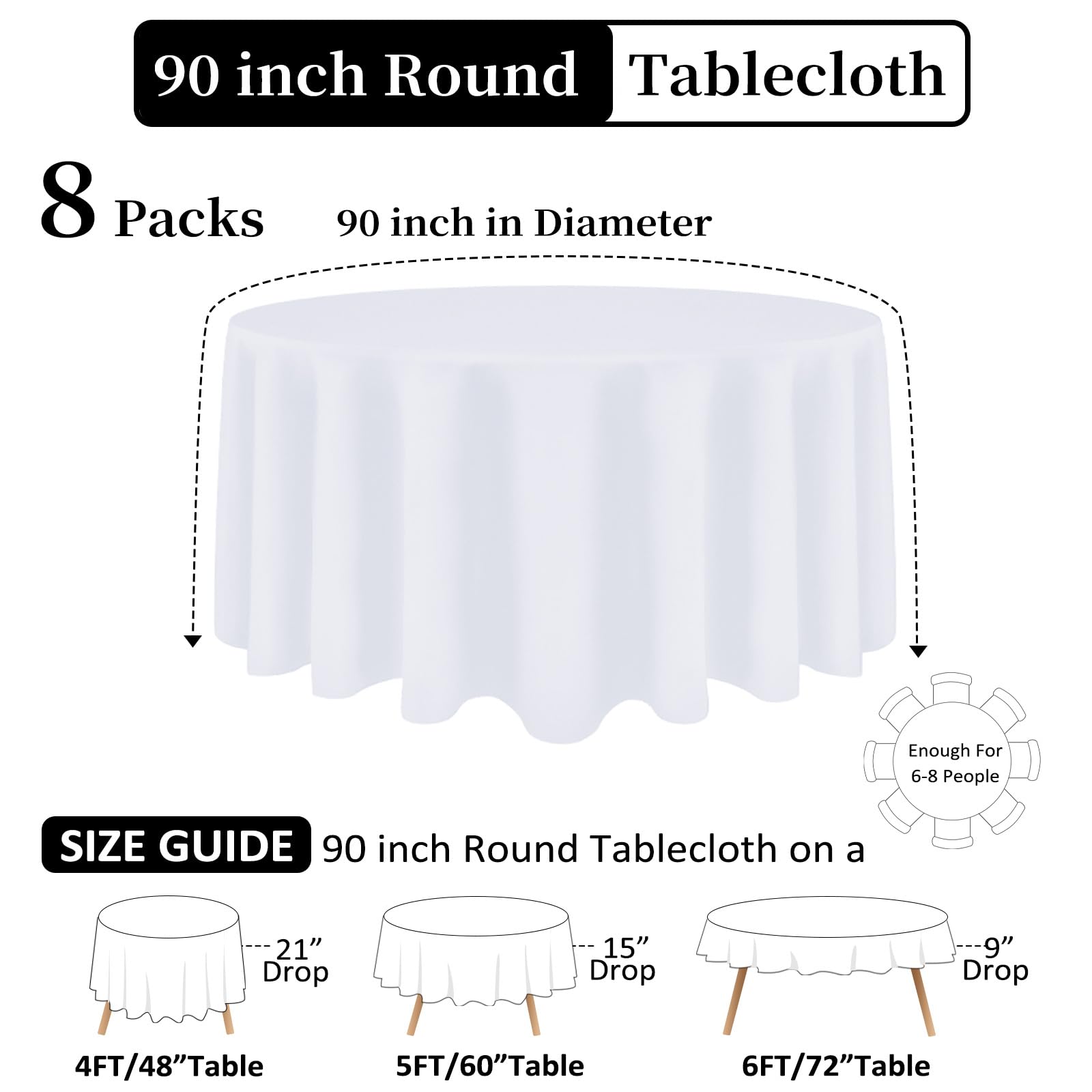 Mantel Heneger 90 pulgadas blanco, resistente a arrugas, ideal para eventos