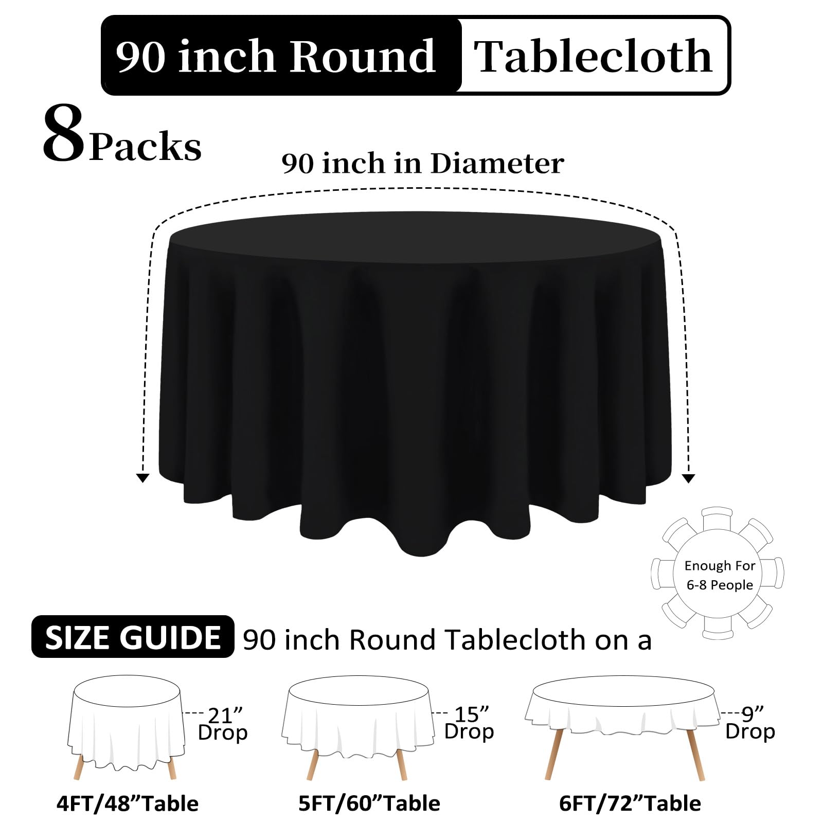 Mantel redondo negro Heneger de 90 pulgadas, resistente a arrugas para buffets