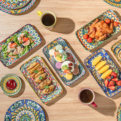Diseño boho de porcelana Henten Home, perfecto para comidas casuales