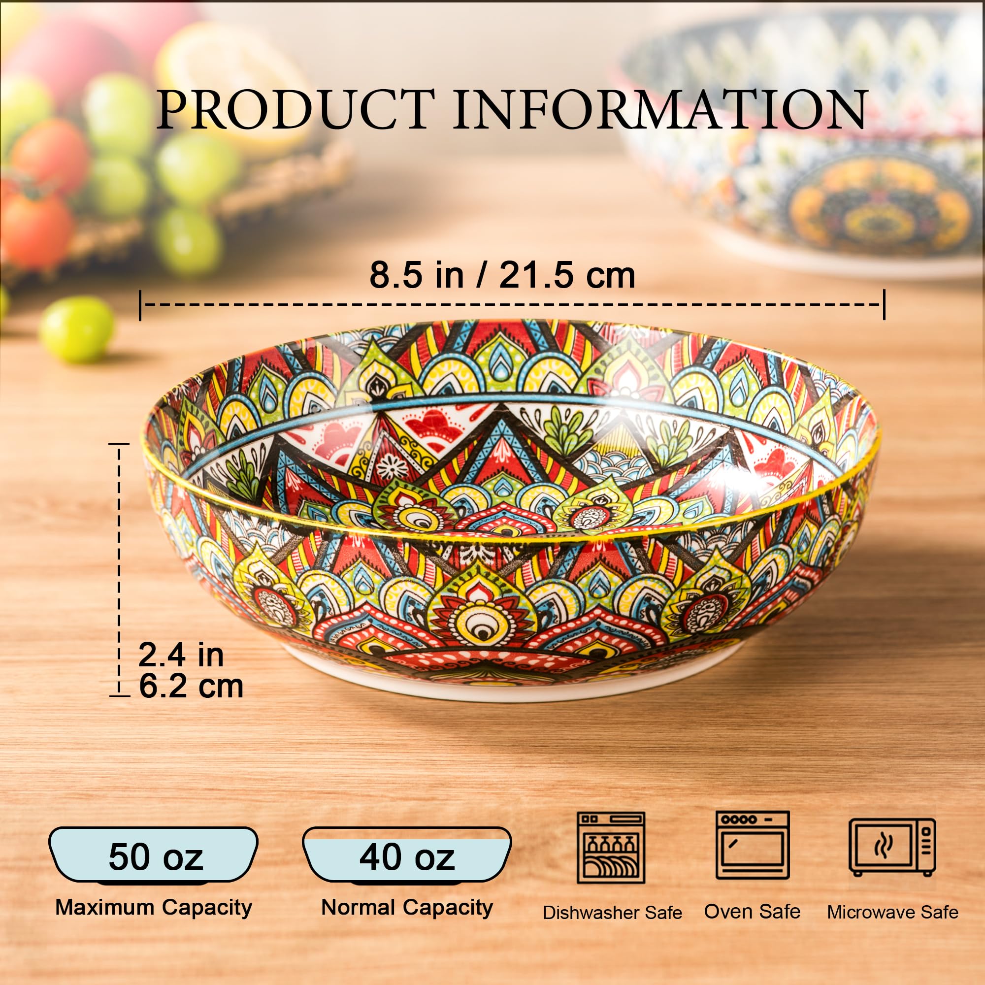 Tazón ensalada bohemio Henten Home, colores vivos para reuniones familiares.