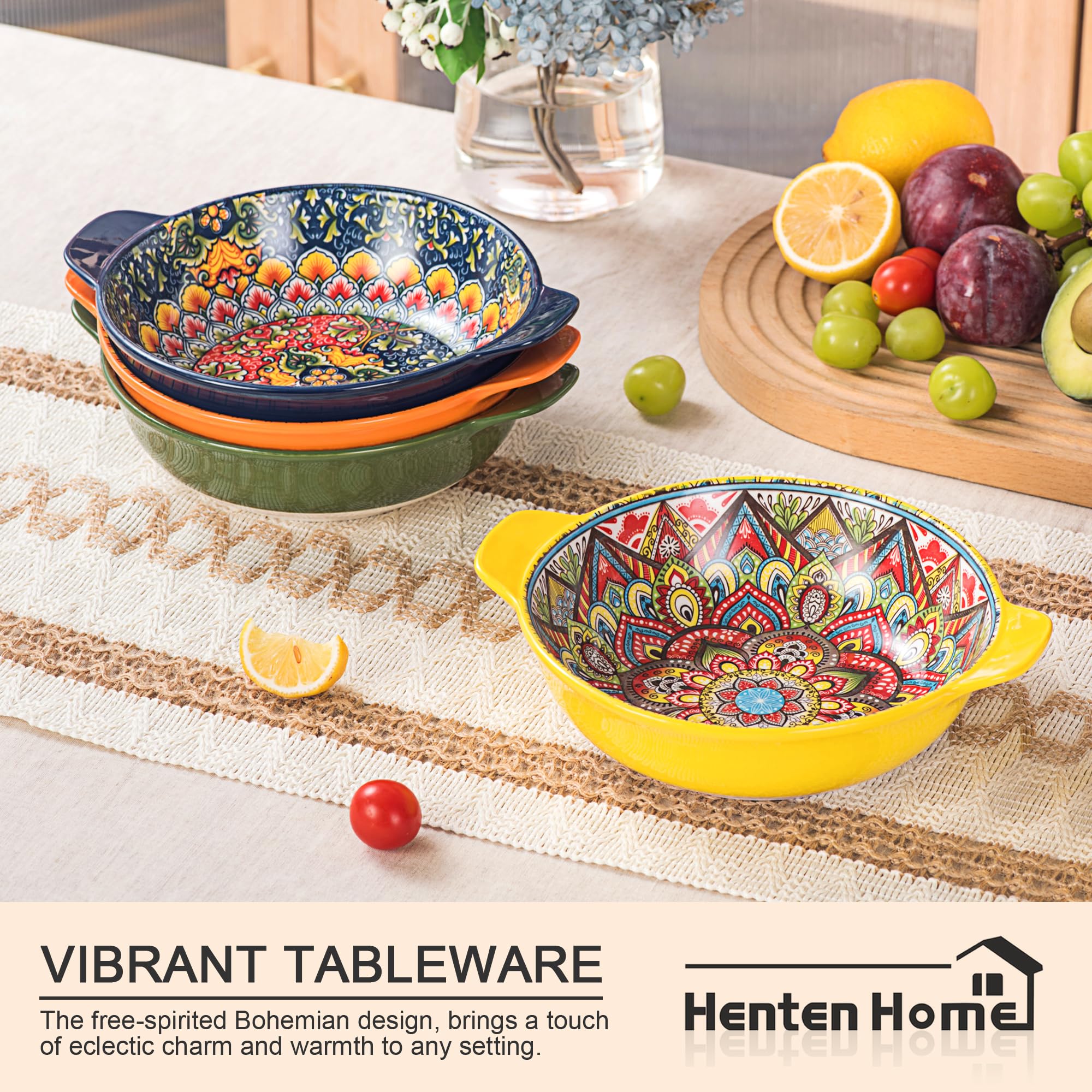 Henten Home tazones pasta cerámica con asa, apilables para ahorro de espacio