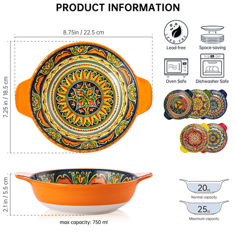 Henten Home tazones pasta cerámica con asa, diseño bohemio para ensaladas coloridas