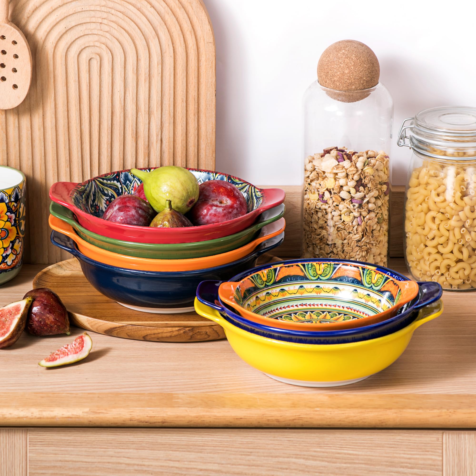 Henten Home tazones pasta cerámica con asa, colección bohemia para mesa vibrante