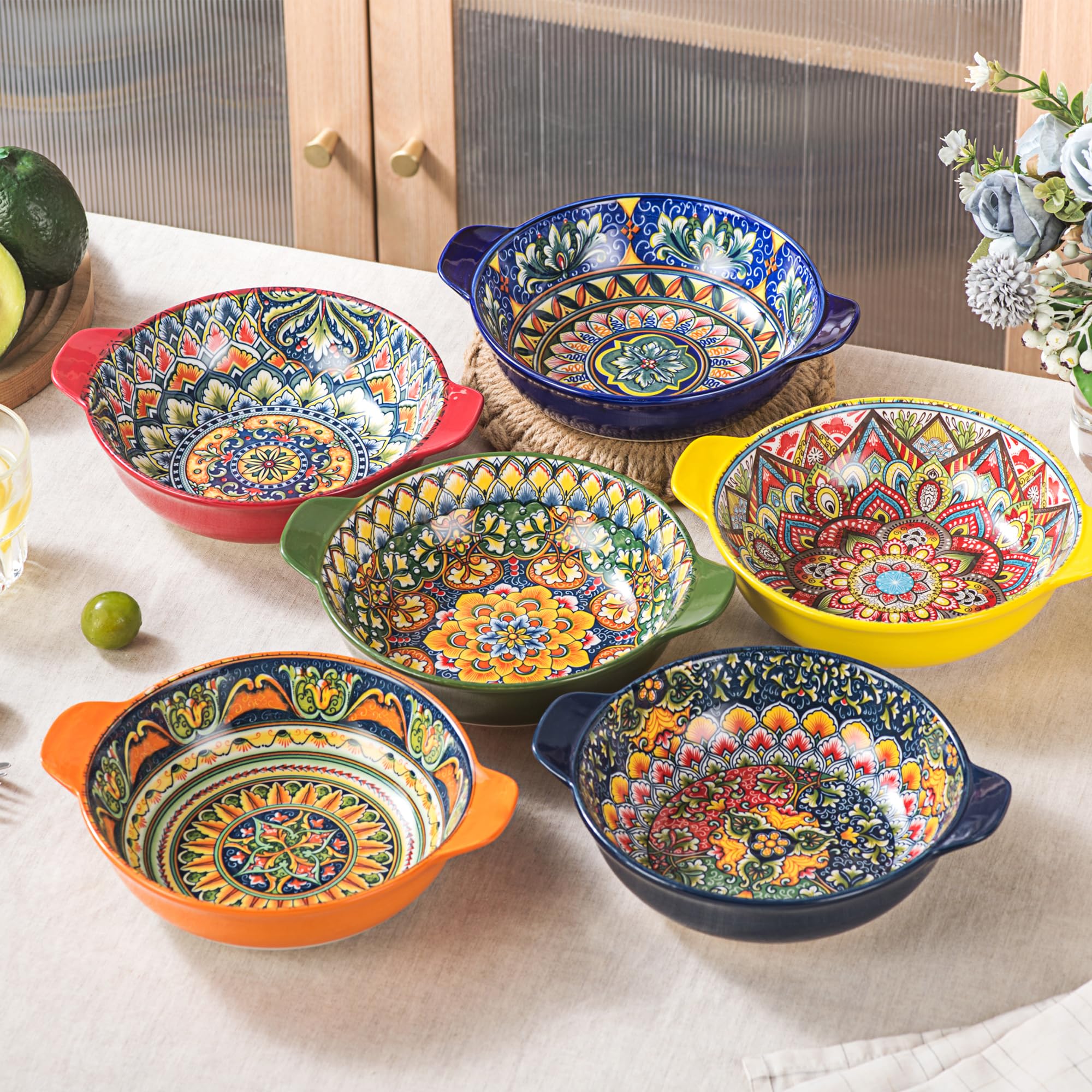 Henten Home tazones pasta cerámica con asa, superficie brillante para lavado fácil
