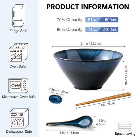 Cuenco ramen Henxfen Lead de 71 onzas en cerámica, porciones abundantes.