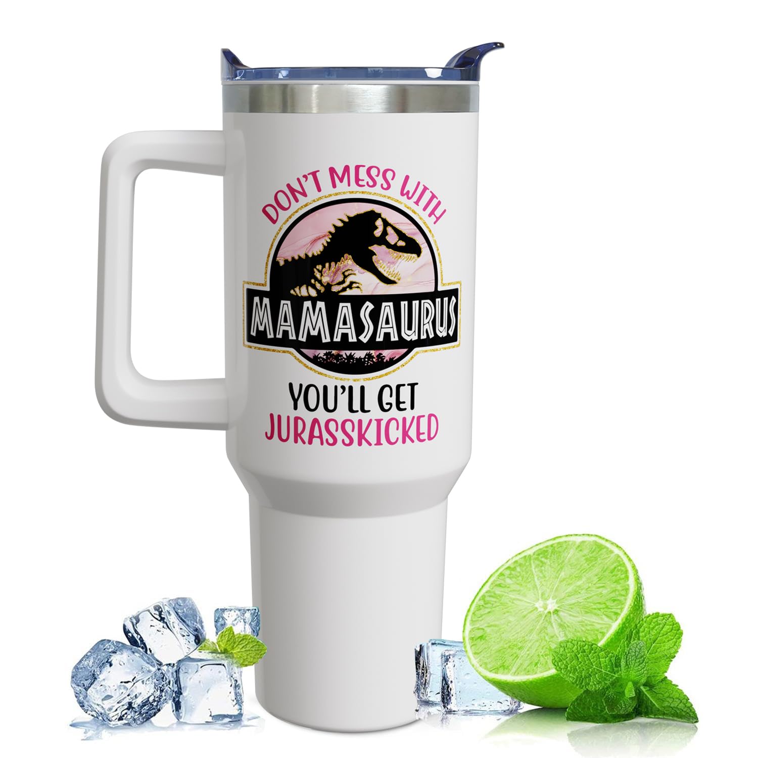 Heqianco Mamasaurus 40oz con manija desmontable, transporte cómodo y seguro.
