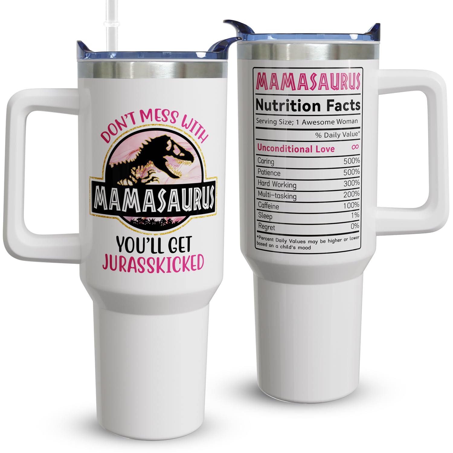 Heqianco Mamasaurus 40oz con tapa ergonómica, ideal para beber con control en movimiento.