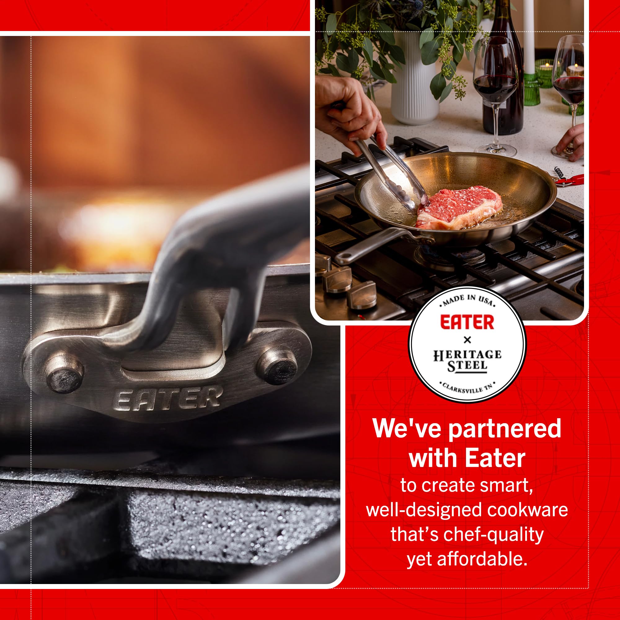 Heritage Steel Eater, mango que se mantiene frío, manejo seguro al cocinar.