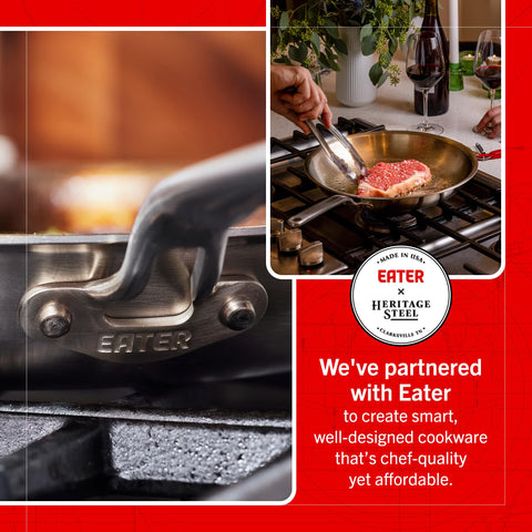 Heritage Steel Eater, mango que se mantiene frío, manejo seguro al cocinar.