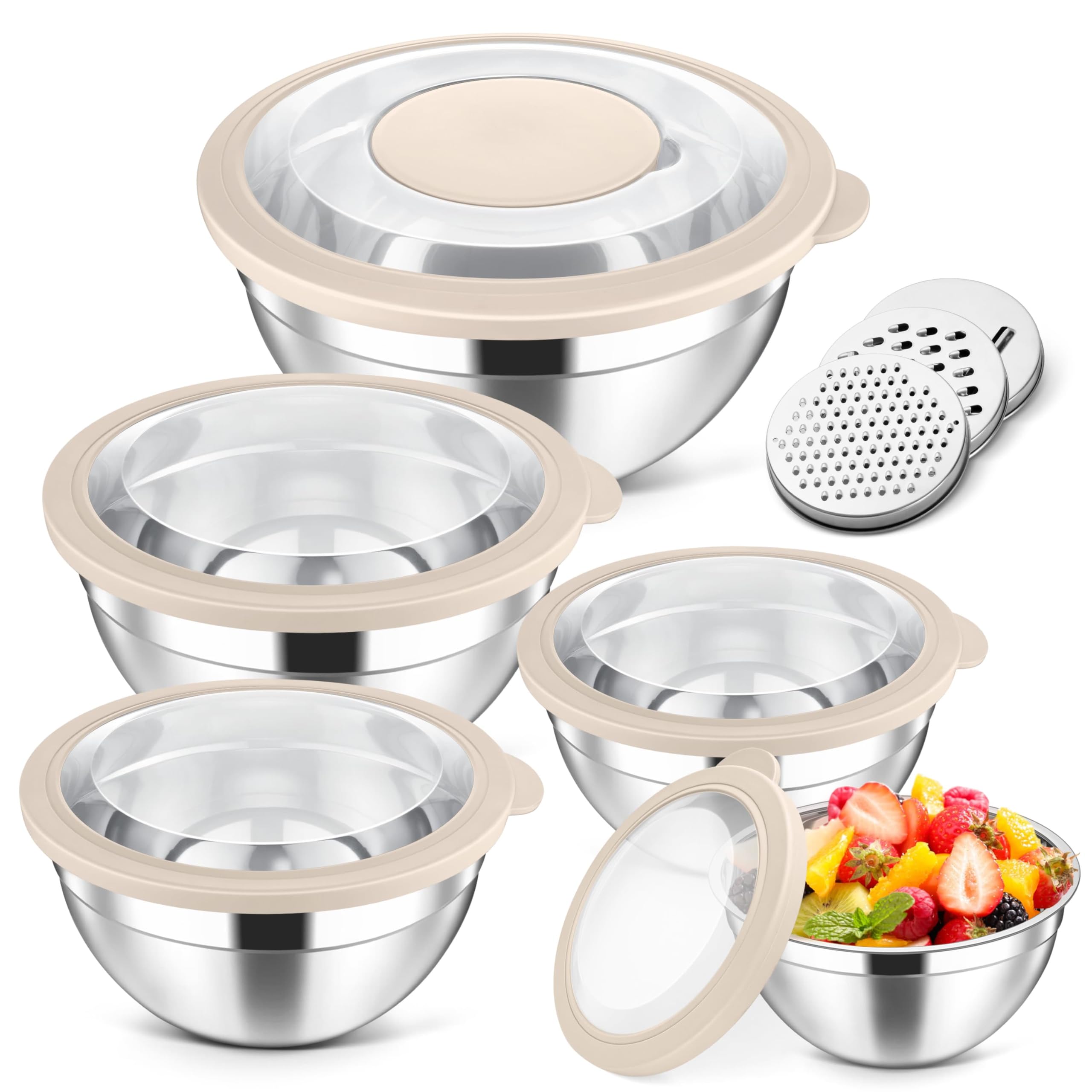 Herogo conjunto de tazones de mezcla de acero inoxidable con tapas transparentes para almacenar y mezclar.