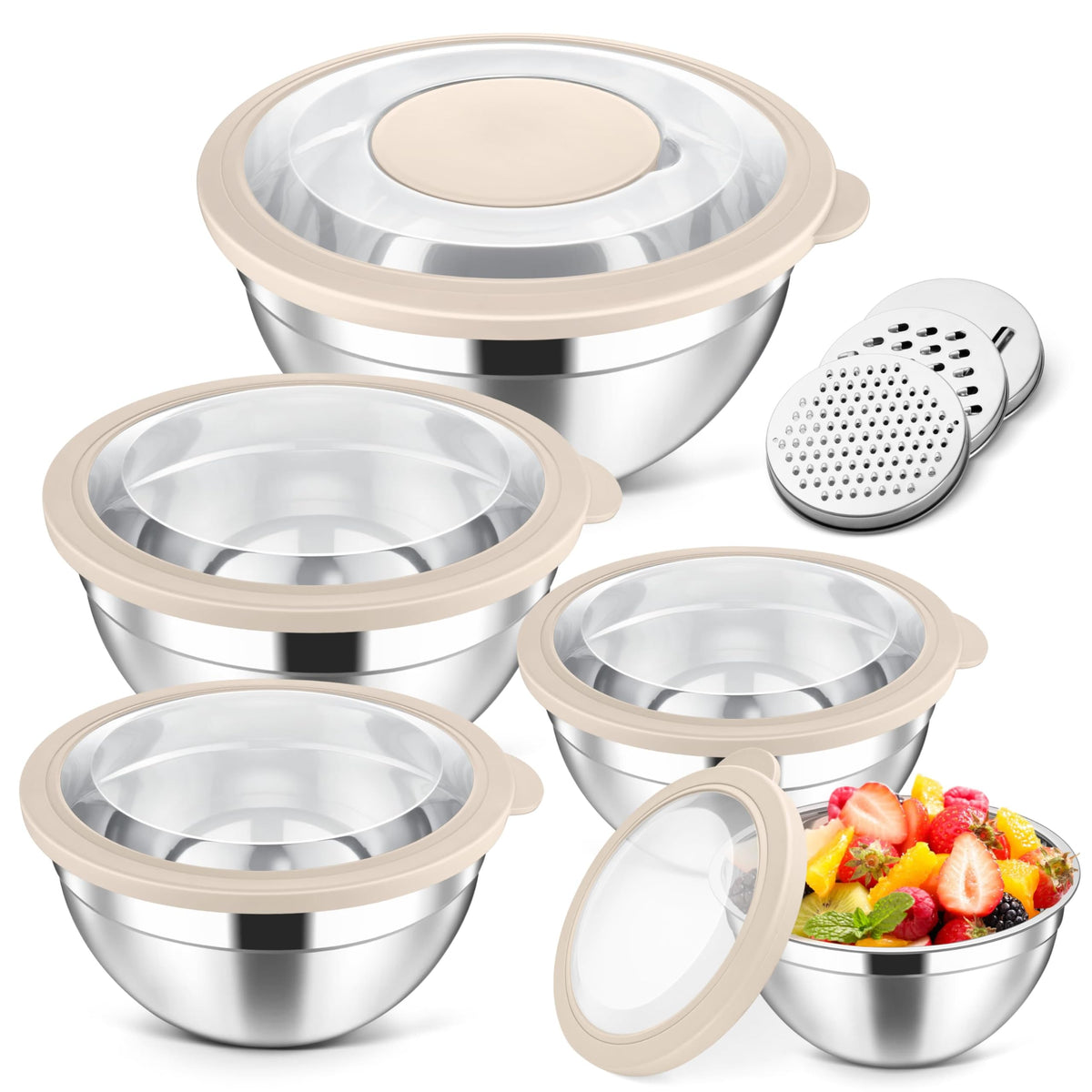 Herogo conjunto de tazones de mezcla de acero inoxidable con tapas transparentes para almacenar y mezclar.