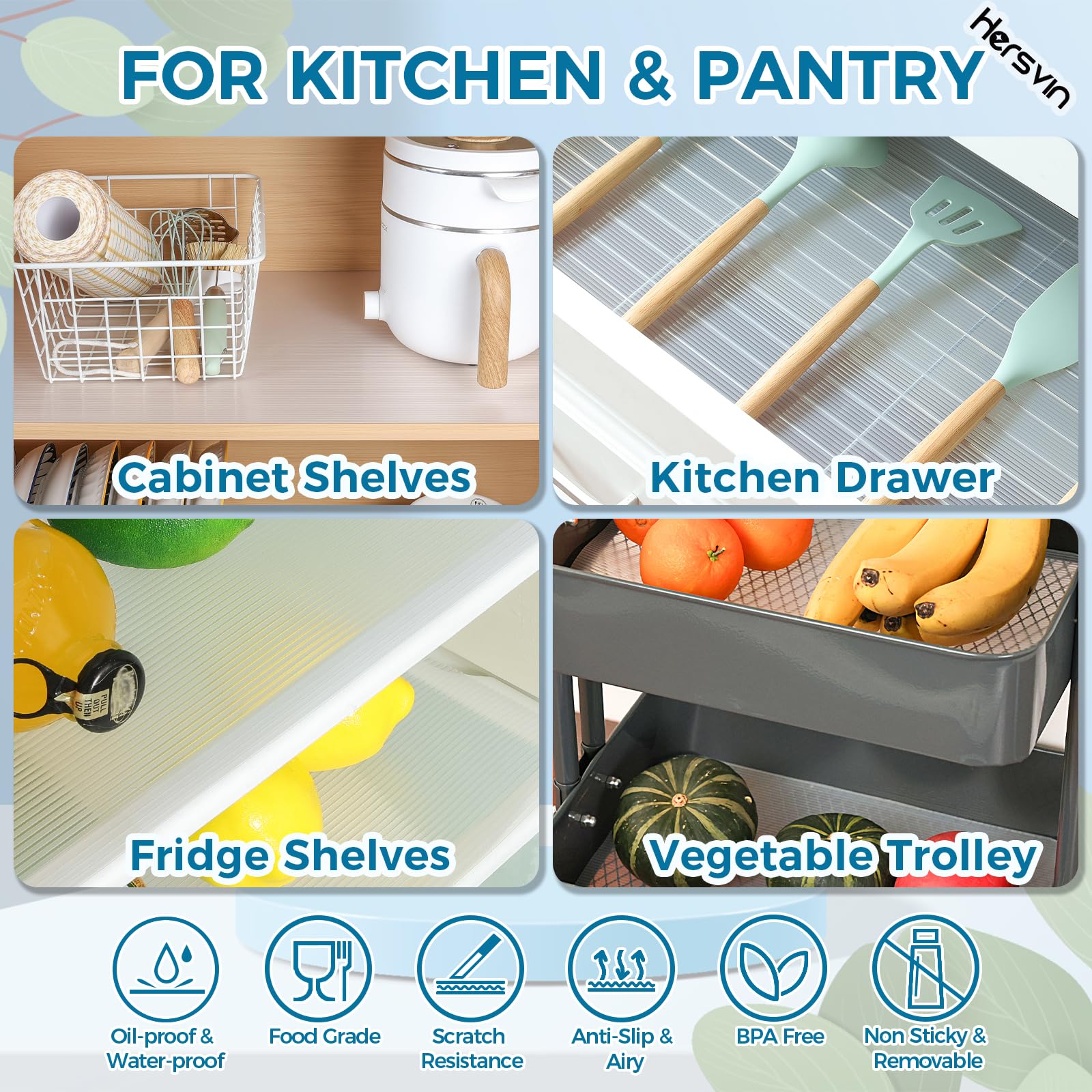 Hersvin usos múltiples para gabinetes, cajones y estantes en cocina y despensa.