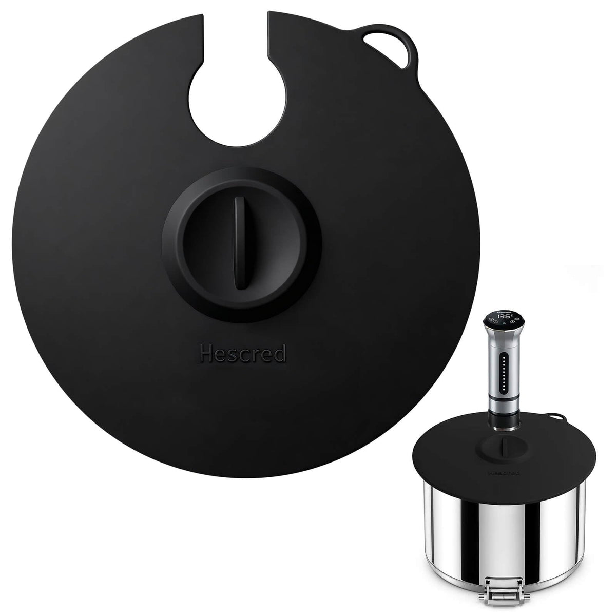 Tapas de silicona Hescred para cocción al vacío con mango, sellado seguro.