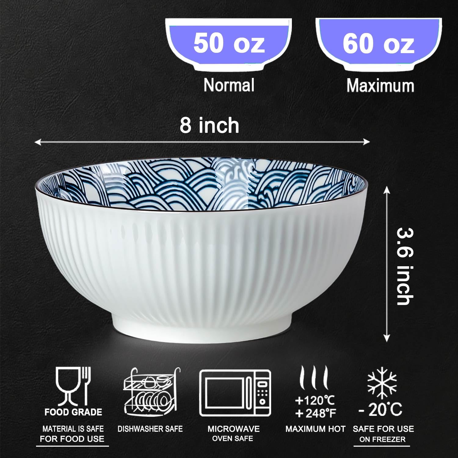 Tazón Hesen ramen japonés con patrón de olas blancas para presentación