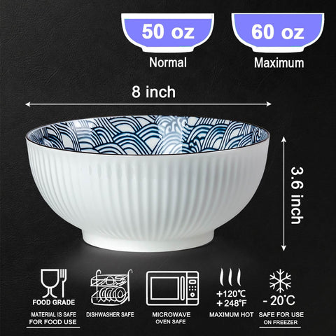 Tazón Hesen ramen japonés con patrón de olas blancas para presentación
