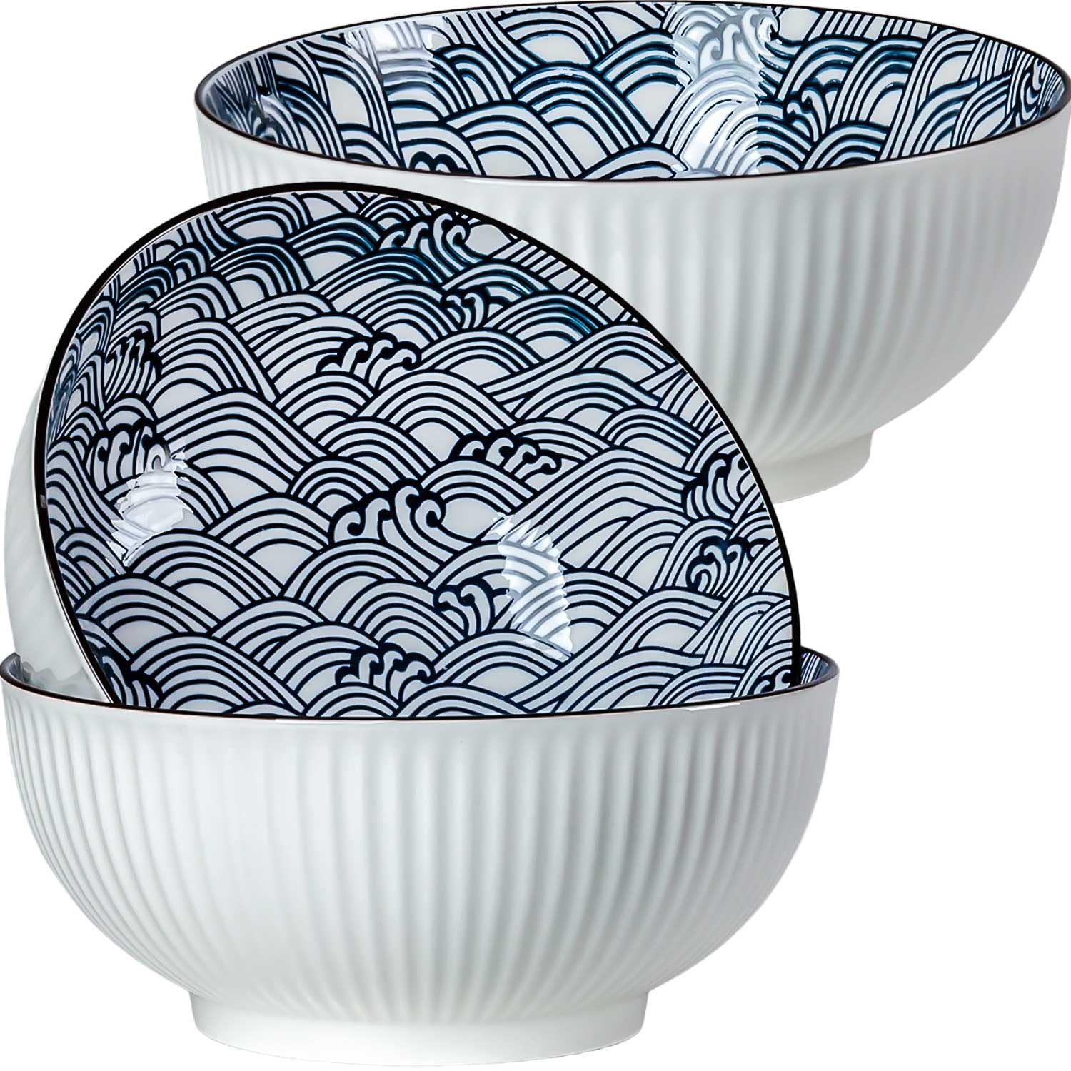 Tazón Hesen de sopa grande con ondas azules para ramen o pho en la mesa