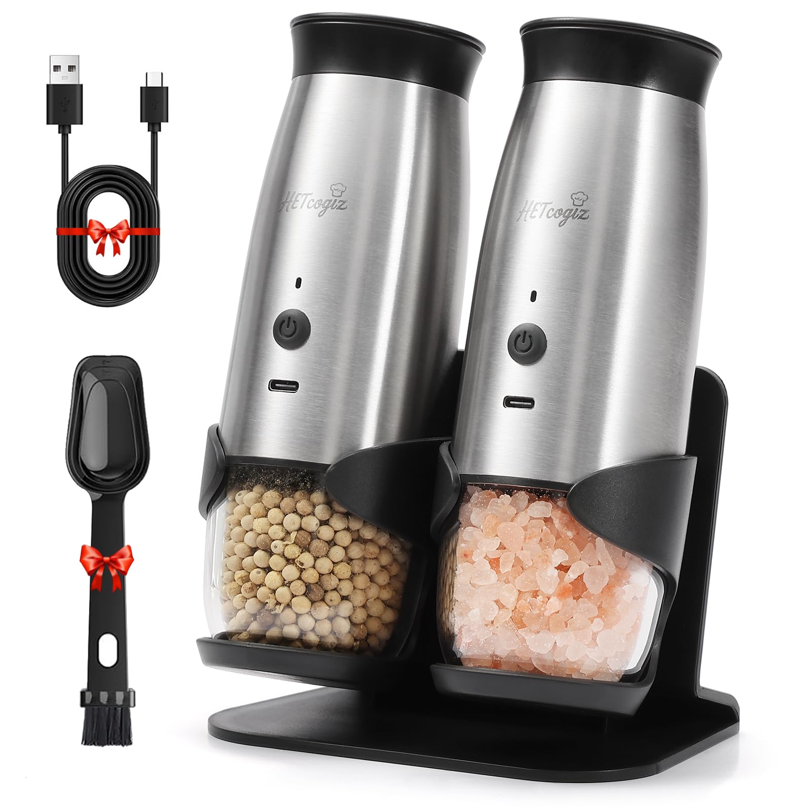 Molinillos HETcogiz para sal y pimienta, vista frontal, ideal para sazonar al momento de cocinar.