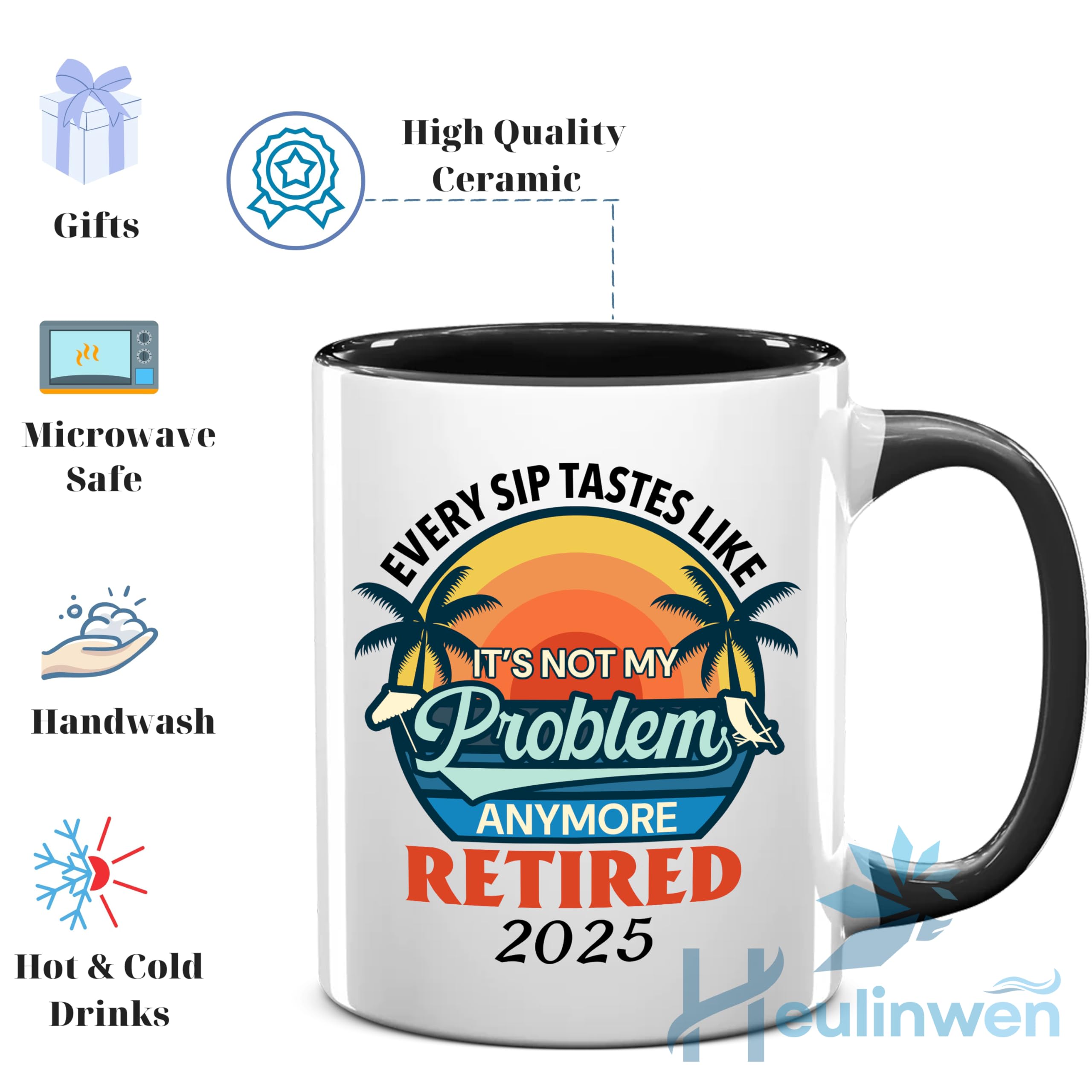 Taza Heulinwen con frase divertida, ideal para empezar la mañana tras la jubilación.