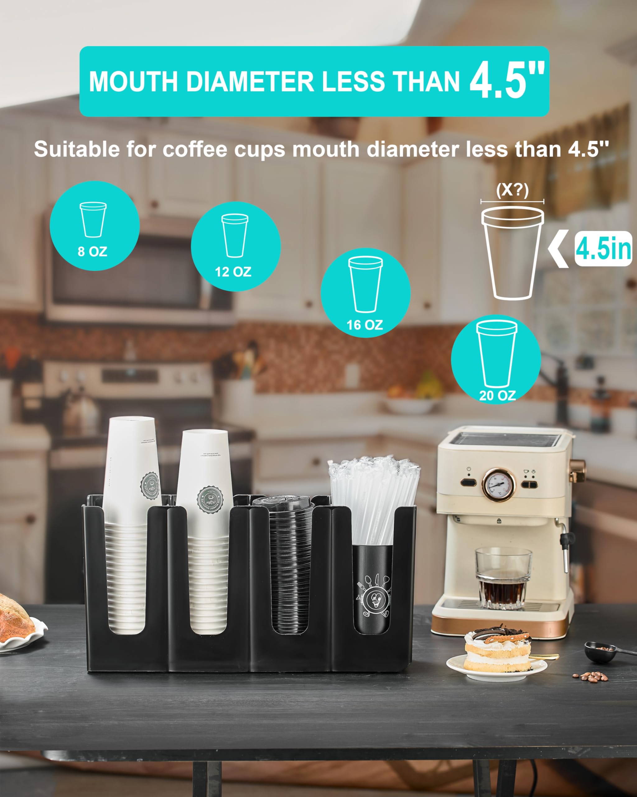 HEWASME dispensador con cuatro compartimentos para tazas de distintos tamaños.