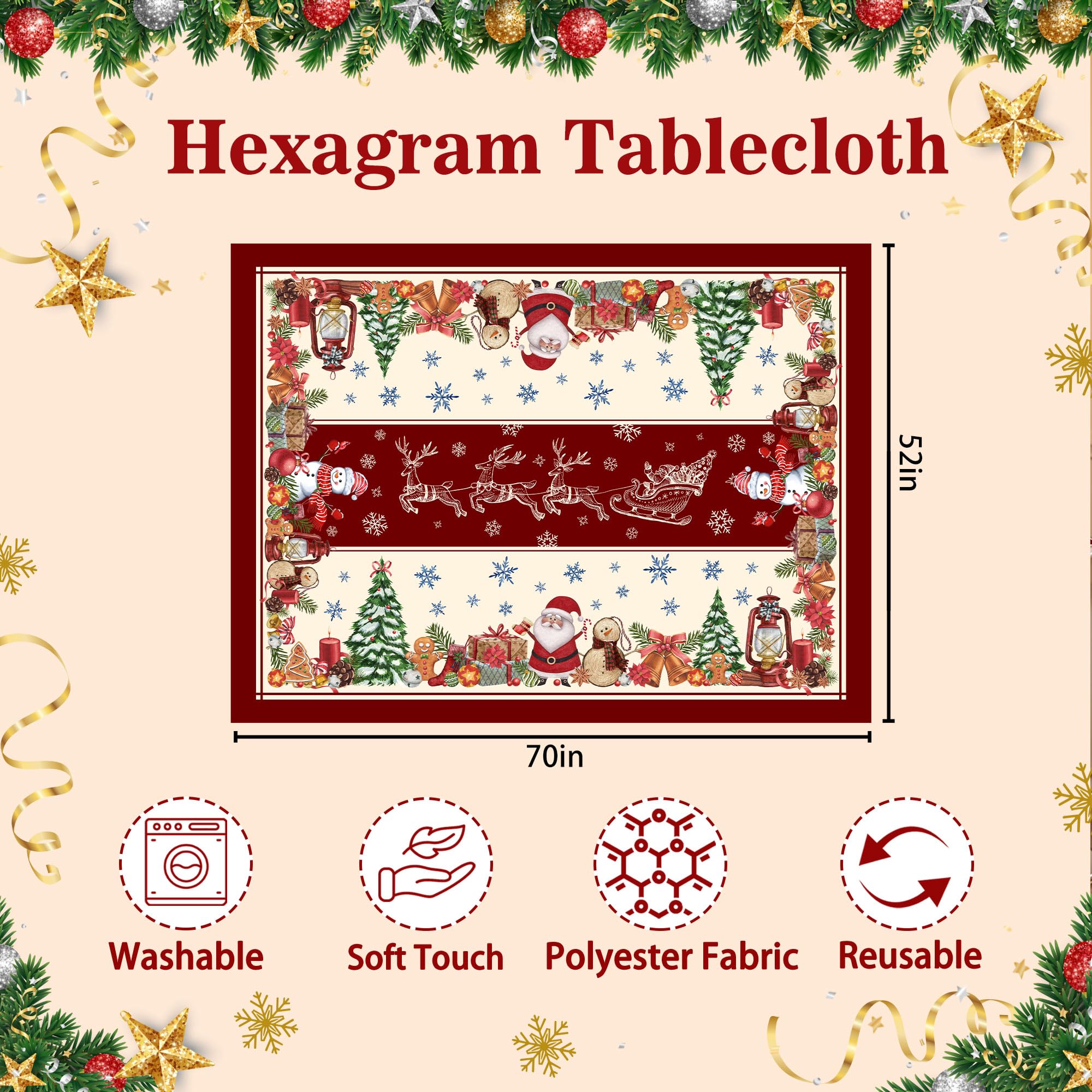 Mantel Hexagram Papa Noel para mesa, ideal para cenas navidenas
