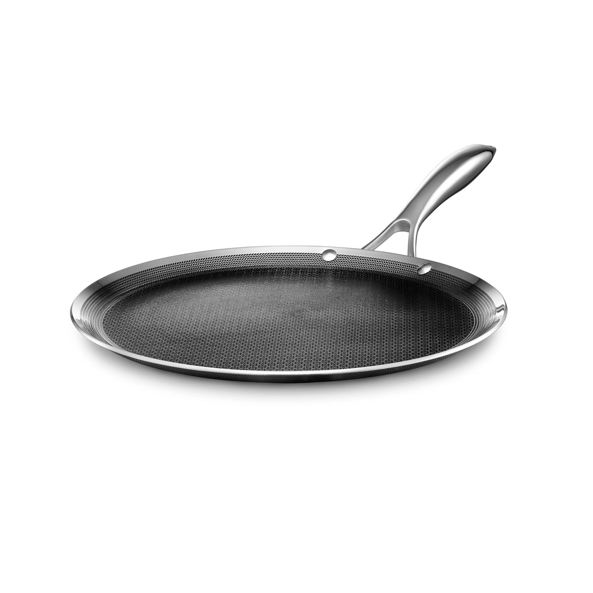 HexClad Hybrid: vista frontal con enfoque en la plancha, ideal para dorar a gran escala