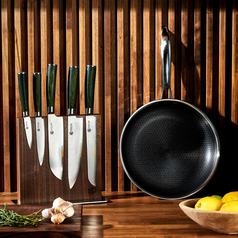 HexClad mango nogal detalle: cómodo agarre para uso diario en cocina.