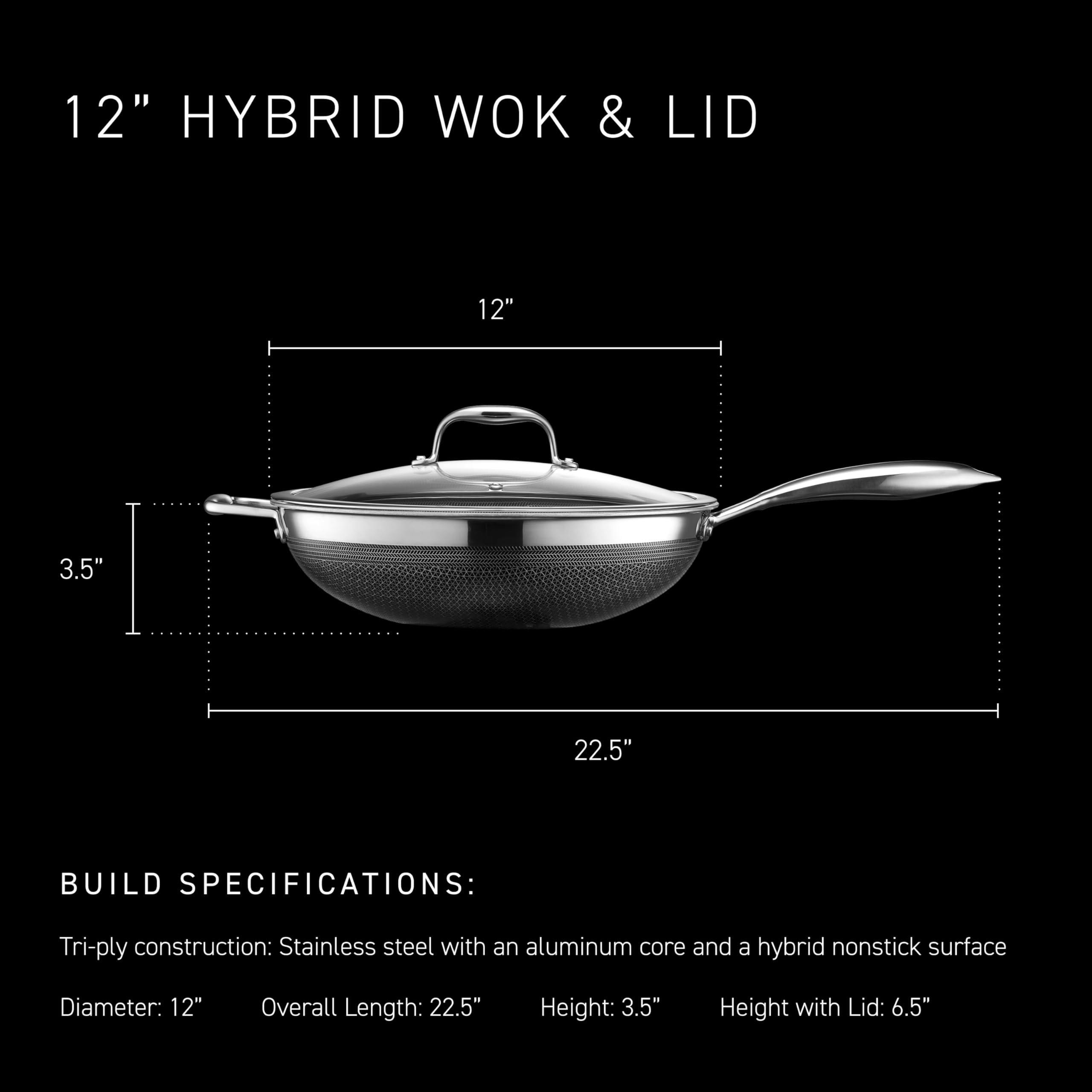 HexClad Wok diseño norte con mango largo y agarre seguro para saltear sin esfuerzo.