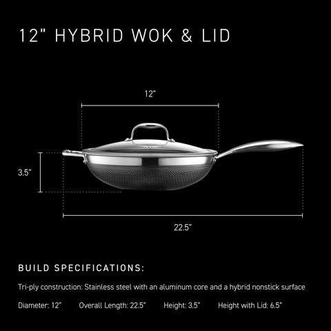 HexClad Wok diseño norte con mango largo y agarre seguro para saltear sin esfuerzo.
