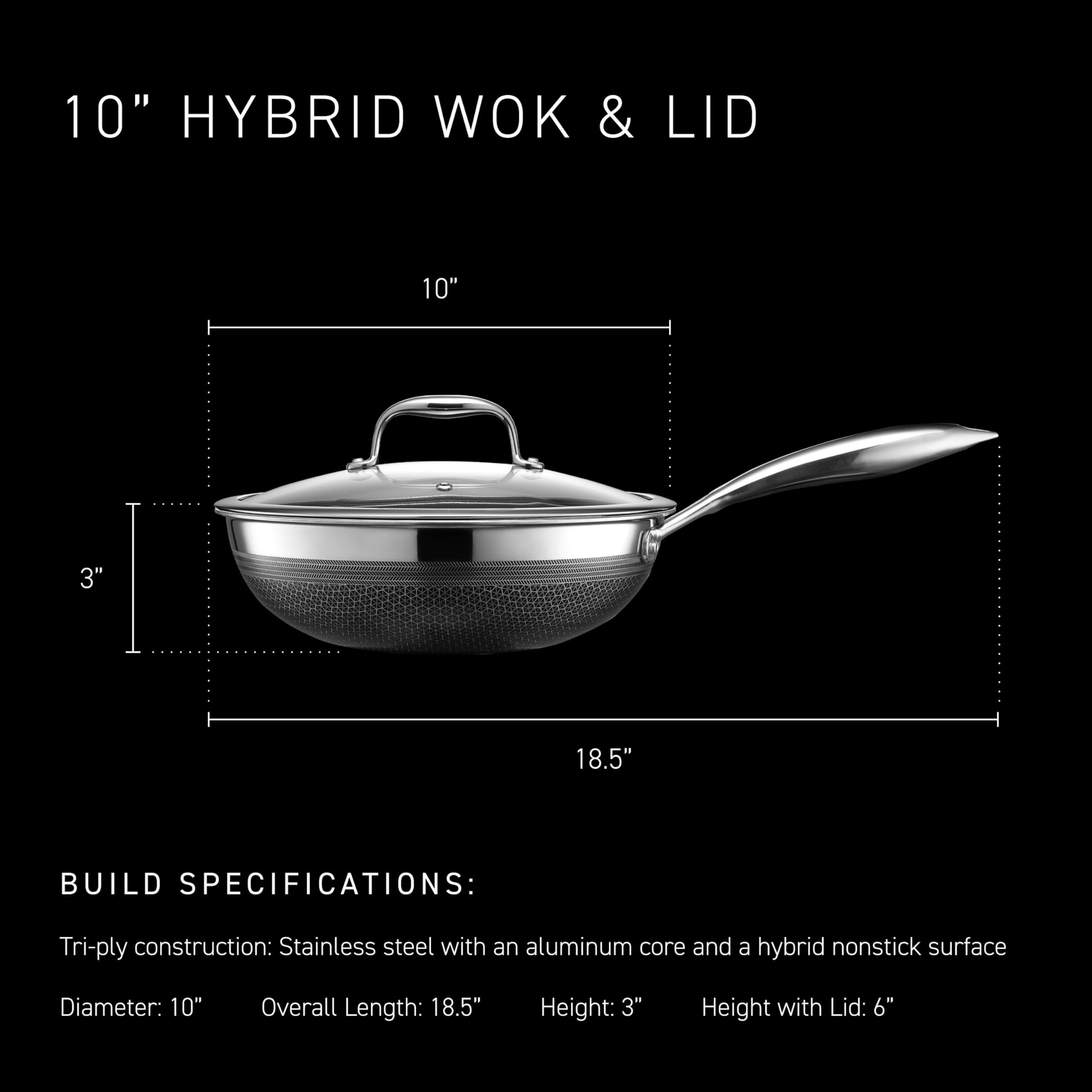 HexClad Wok Híbrido, construcción triple con aluminio para calor uniforme.