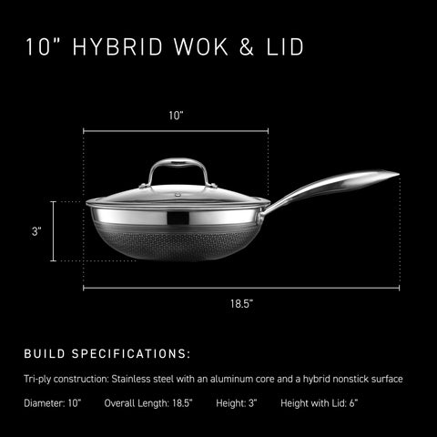HexClad Wok Híbrido, construcción triple con aluminio para calor uniforme.