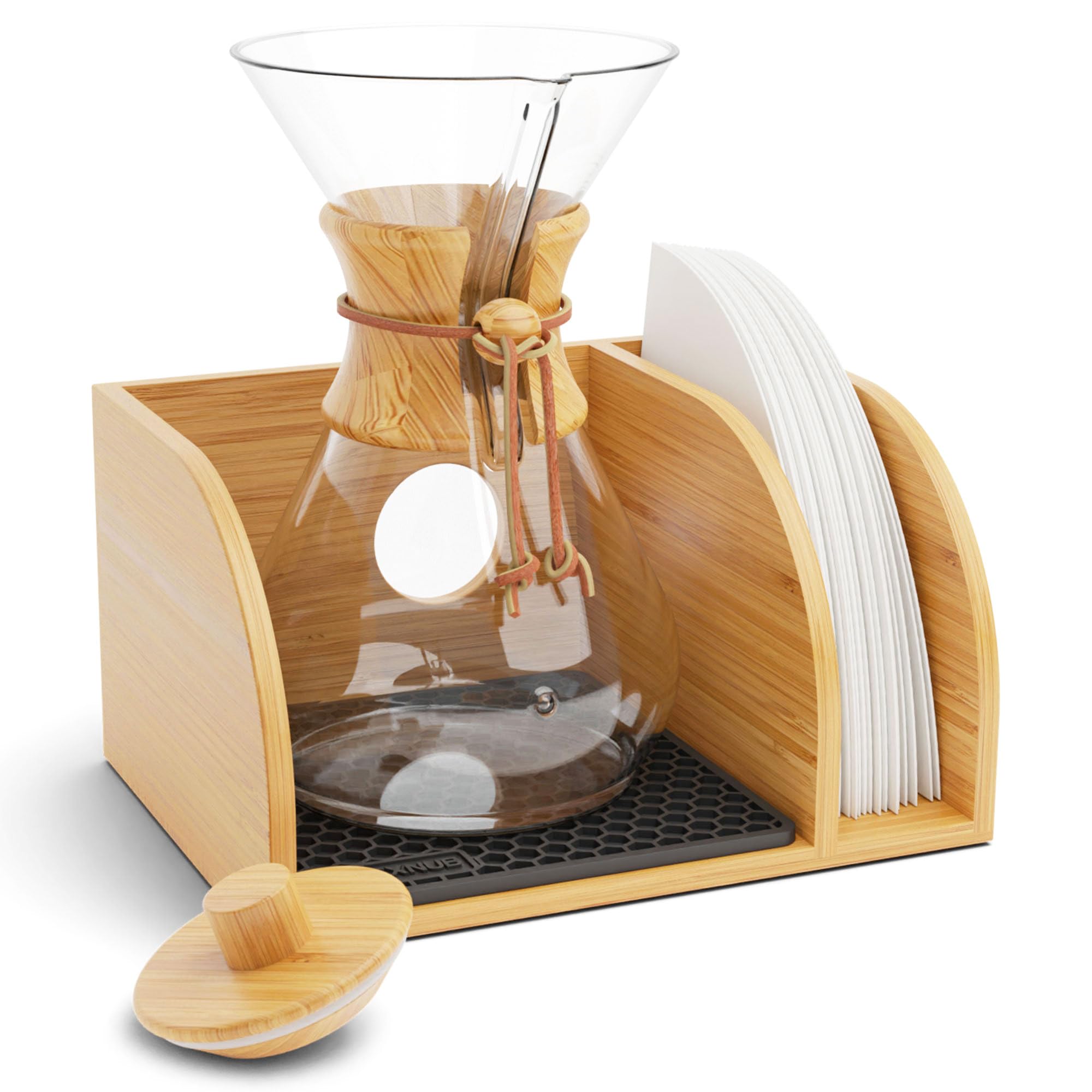 HexNUB caddy para cafetera y tapa de bambú, organización con estilo.
