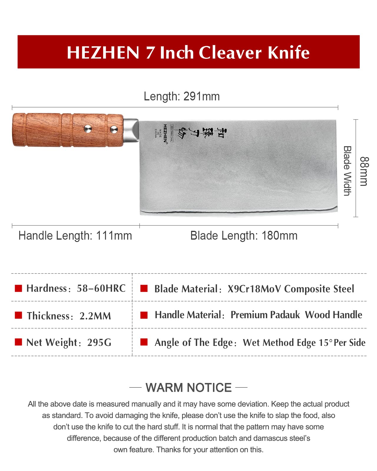 HEZEN cleaver de 7 pulgadas, acero compuesto y núcleo 9Cr18CoMoV para durabilidad