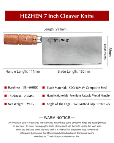 HEZEN cleaver de 7 pulgadas, acero compuesto y núcleo 9Cr18CoMoV para durabilidad